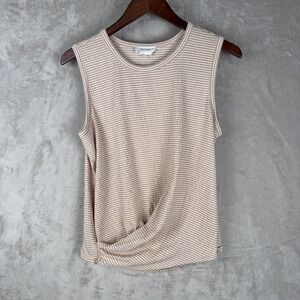 Korye Womens Tan White Striped Ribbed Sleeveless Twisted Front Knot Top Medium